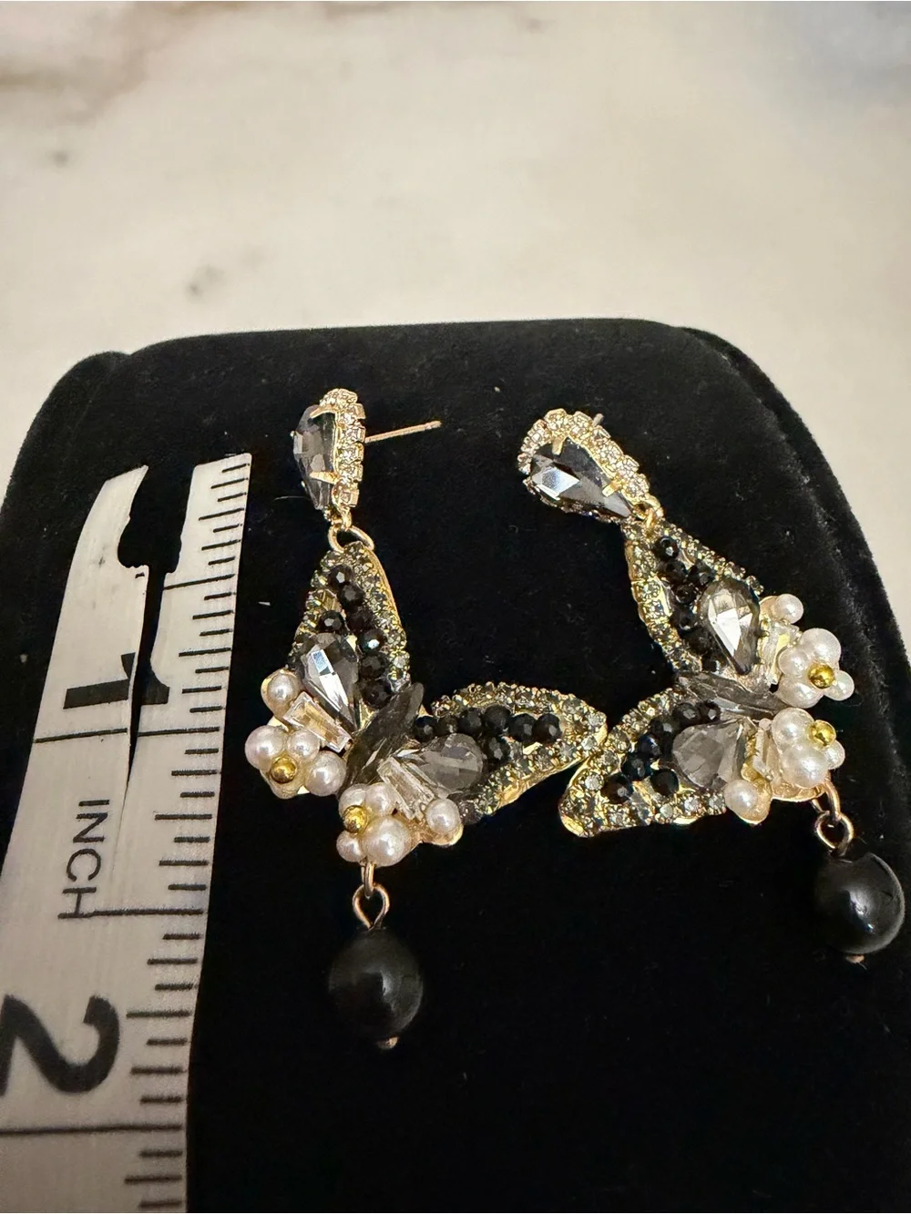 Handcrafted Black Crystal & Pearl Butterfly Drop Earrings